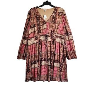 Cato 26 28W Patchwork Boho Dress NWT Long Sleeve Tie Waist Tiered Plus Size Fall